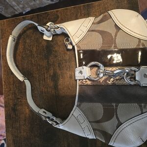 Cream and Brown Coach Shoulder Bag with Signature Monogram